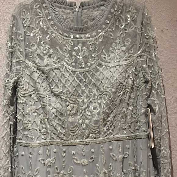 Mac Duggal SEQUINED ILLUSION HIGH NECK LONG SLEEVE MIDI DRESS 9142 Seafoam - Picture 11 of 14